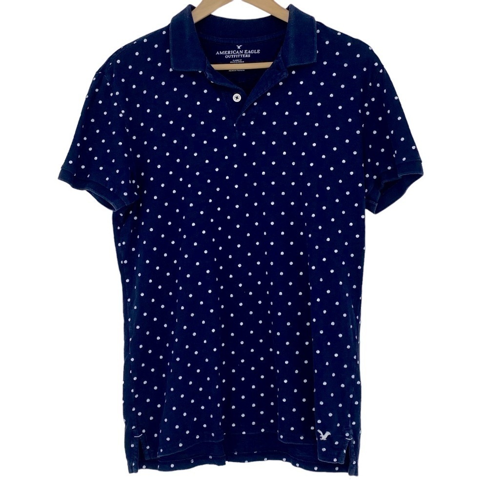 AEO navy & white polka dot classic fit polo shirt, M